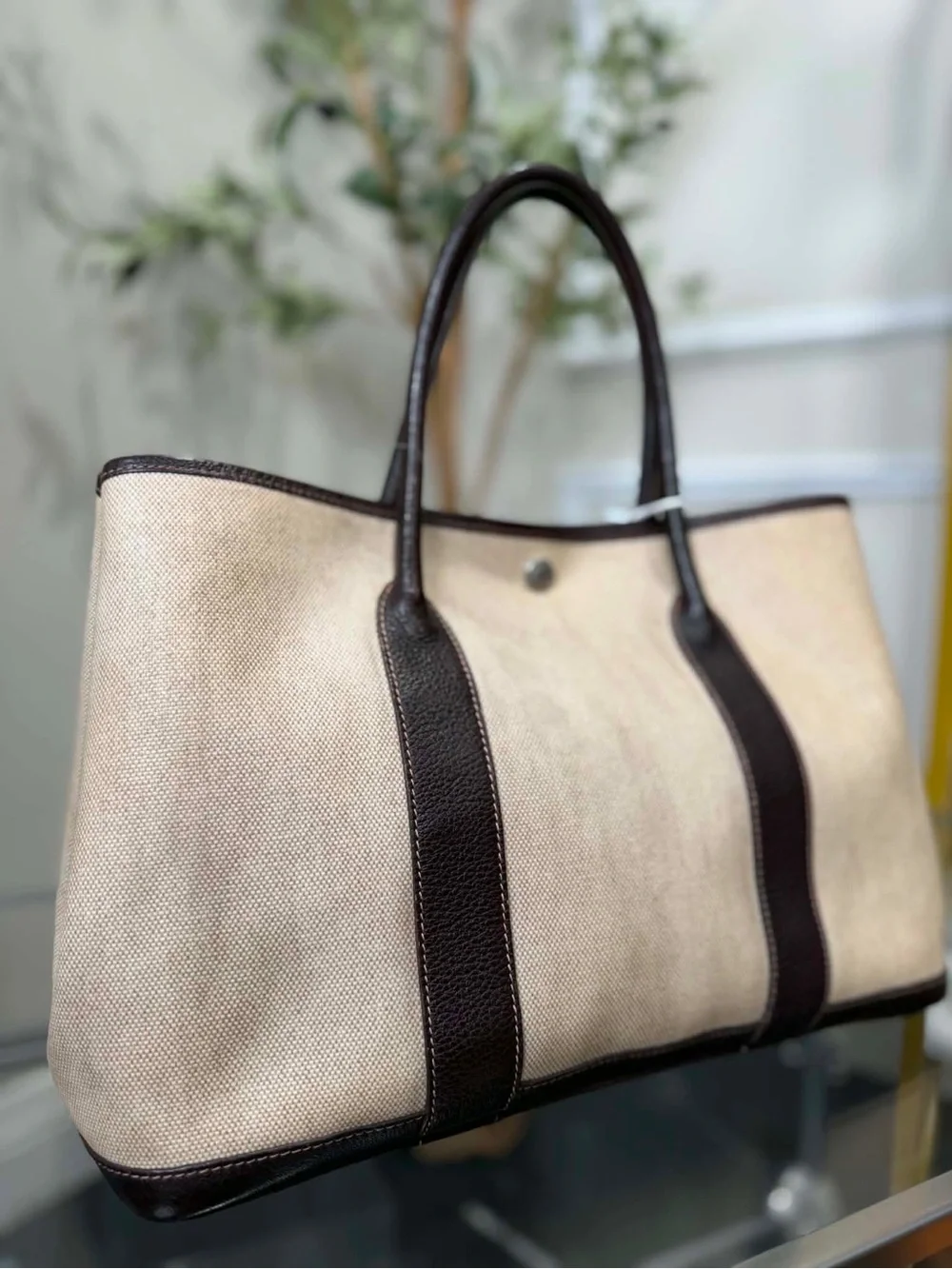 Hermes Beige Canvas Tote with Dark Brown Leather Trim